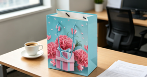 Sac cadeau floral en papier, fabriqué en carton épais et couché, avec poignées en corde de papier, impression couleur intégrale, découpe à la presse. - Product Image 5