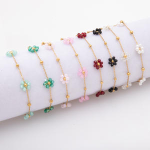 Collier de cheville tendance en acier inoxydable plaqué <span class=keywords><strong>or</strong></span> avec fleur en cristal coloré et perle, haut de gamme, pour femmes - Product Image 1