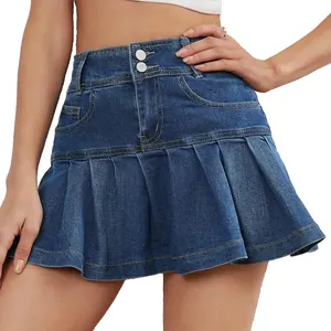 Nouvelle <span class=keywords><strong>jupe</strong></span> courte <span class=keywords><strong>en</strong></span> <span class=keywords><strong>jean</strong></span> pour femmes, Sexy, tenue de rue, style Indigo, poches inclinées, ourlet inférieur à volants - Product Image 1