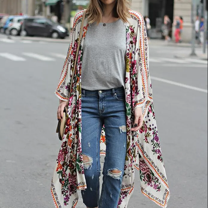 Digital Printing Woman Long Smock Jacket Fashion Beach Floral Kimono Cardigan