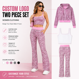 Conjunto de Dos Piezas con Logotipo Personalizado, Ropa para Mujer, Top Corto Rosa con Estampado de Leopardo, Pantalones Acampanados, Sudadera con Cierre, Estilo Y2K, Ropa Informal para Salir, Ropa Urbana Informal - Product Image 1