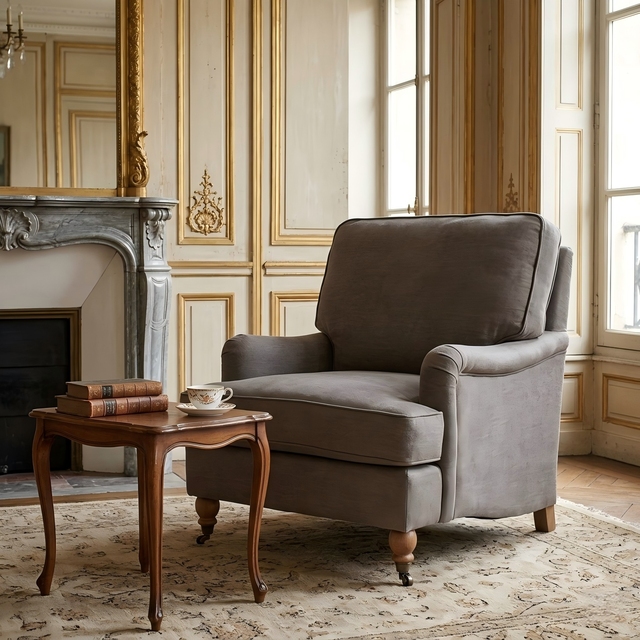 HL088 French Classic Roll Arm Linen Upholstery Chaise Lounge Sofa-Leisure Chair with Wood Legs for Living Room Bedroom Hotel Use