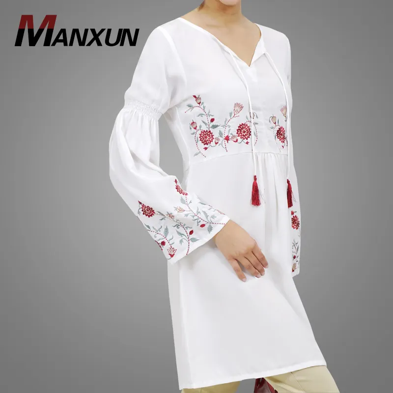 Acogedor tela de algodón suelto de las mujeres musulmanas Tops de manga larga y mano bordado Abaya blusa manga túnica