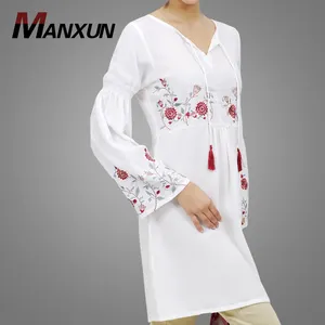 Cosy Cotton Fabric Loose Muslim Women Tops Long Sleeve And Hand Embroidery Abaya Blouse Flare Sleeve Tunic