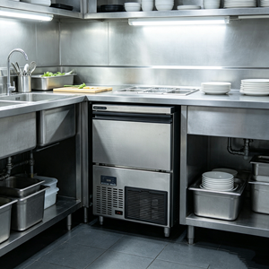Machine à glaçons commerciale en acier inoxydable, 80 kg par jour, capacité de stockage de 30 kg, type intégré, pour restaurant - Product Image 1