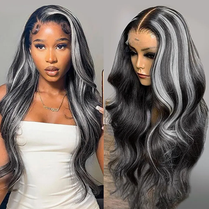 Parrucca Lunga Ondulata Nera a <span class=keywords><strong>Grigio</strong></span> Argento con Rete Frontale 13x4, 100% <span class=keywords><strong>Capelli</strong></span> Umani Vergini Brasiliani con Baby Hair per Donna - Product Image 2