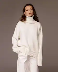 100% Turtleneck Kasmir Wanita Sweater Atasan Pullover Musim Dingin Rajutan Kustom Turtle Neck Polyester Katun Wol Sweater Kasmir