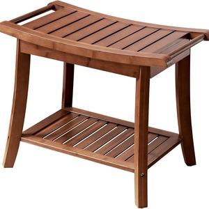 Tabouret de salle de bain en bambou HC 33x60.4x46.8 cm avec étagère de rangement, banc de douche marron - Product Image 4