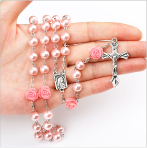 Rosario en Oferta, Perlas de Plástico de 8mm con Cuentas de Flor de Rosa, Medallas de Nuestra Señora de <span class=keywords><strong>Lourdes</strong></span>, Collar con Cruz de Jesús, Cristo, María - Product Image 3