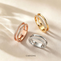 Bague en acier inoxydable pour femme, style minimaliste simple, ajourée, double couche, sertie de zircons, électroplaquée, zircon synthétique haut de gamme