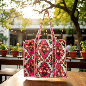 Women Boho <b>White</b> Quilted Cotton Tote <b>Bag</b> with Pink Floral <b>Hand</b> Print Bohemian Style Summer Casual Open Shopping <b>Bag</b> - Product Image 1