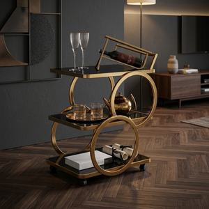 High Quality <b>Gold</b>-Finished Stainless Steel 3-Tier 4-Wheel Modern Multi-Functional Bar Cart Kitchen Dining Living Room Home Bar - Product Image 3