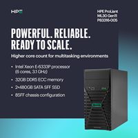Server Tower Hewlett Packard Enterprise ProLiant ML30 dengan Intel Xeon 6333P 3.1GHz 6c 1P 1x32GB-U 8SFF 2x480GB SSD 2x500W PS HPE