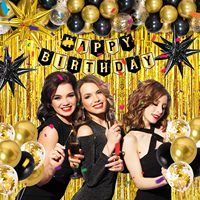 Décorations d'anniversaire en or noir pour hommes et femmes |   Bannière Joyeux Anniversaire, Toile de Fond, Nappe, Rideaux Métalliques, Arche de Ballons pour Lui