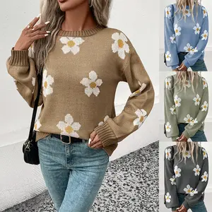 Knitted Sweater Women Regular Fit Floral Print Sweater 2022 Autumn And Winter New Sweet Flower Lady Sweat Jumper