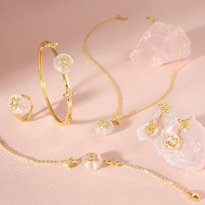 Botón de cuarzo rosa cristal natural conjunto de joyería fina para mujer pulseras chapadas en oro de 18 quilates brazaletes collar anillos-estilo de moda - Product Image 5