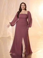 Robe de soirée longue pour femme, taille plus, design luxueux à manches bouffantes, col carré, décontractée, glamour, dos nu, fente haute, couleur unie