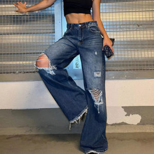 Pantalones vaqueros rasgados de pierna recta informales sueltos para mujer, pantalones vaqueros de pierna ancha de tiro bajo, bolsillos, cinturón Hip Hop High Street lavable - Product Image 1