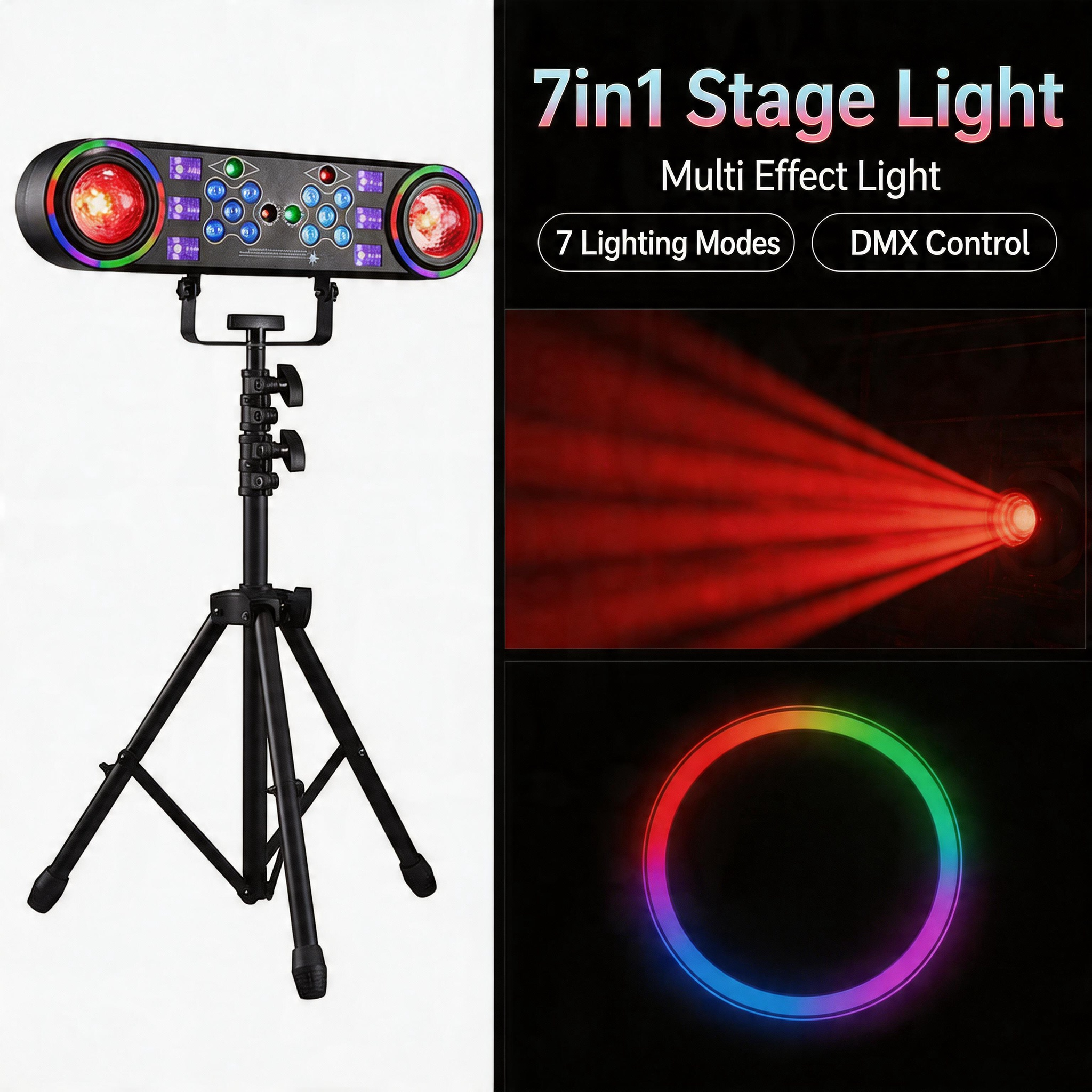 Multi Effect 7in1 Stage Effect Light Rack with Tripod Stand DMX512 Sound Activated DJ Light for Party Wedding Nightclub Bar