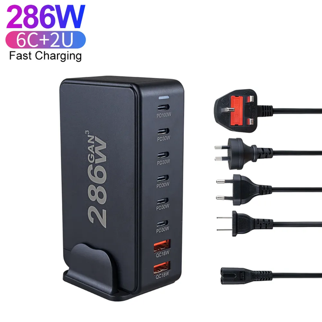8 Ports 286W GaN Desktop Fast Charger 30W Adapter for EU US AU Plug QC 3.0 PD 100w 18w for Mobile Phone Laptop Travel Gan