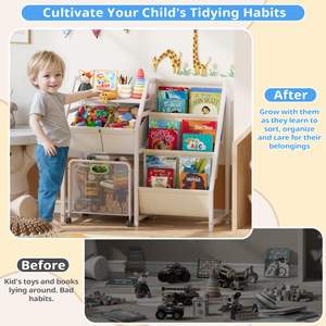 Estantería para niños y organizador de almacenamiento de juguetes-Estantería de libros de 3 niveles para habitaciones de niños con cajón móvil, librería para niños con 2 contenedores de Juguetes - Product Image 4