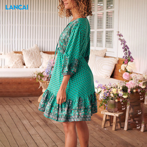 Vestidos casuales personalizados para vestido de algodón Midi 100% con estampado de tiras y lazo para mujer - Product Image 3