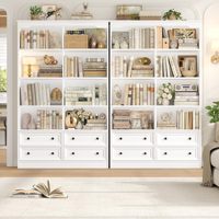 Étagère à livres moderne en bois durable et écologique, double largeur, 6 niveaux, 71 pouces de hauteur, avec 4 tiroirs, blanche, pour le bureau et le rangement à domicile