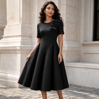 Gaun Lipit Chic Pleats 2026 Wanita dengan Hiasan Bunga 3D, Gaun Midi A-Line untuk Pesta, Gaun Ulang Tahun Wanita, Gaun Lipit Miyake