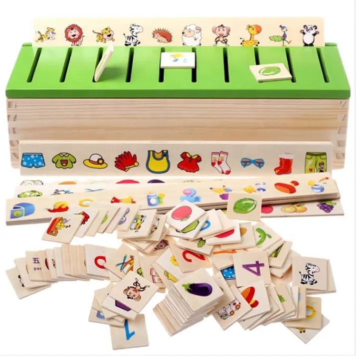Wooden Intelligence Knowledge Sorting Box Fruit Animal Traffic Shape Digital Matching Game Montessori Early Education Toy Kids