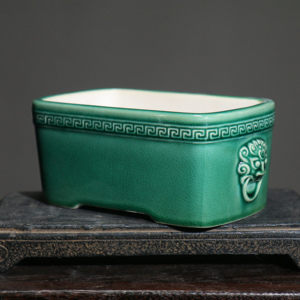 Maceta Rectangular de Cerámica para Bonsái, Esmalte Verde, con Asa de León, Hecha a Mano, Mini Maceta - Product Image 5