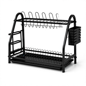 Étagère à vaisselle en métal à double niveau avec crochets de suspension, organisateur de rangement de cuisine sur pied pour bols, assiettes et tasses - Product Image 5