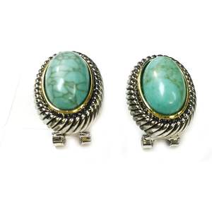Boucles d'oreilles françaises à clip ovales en turquoise bicolore plaquées rhodium, forme géométrique avec bordure en corde et dos percé - Product Image 2