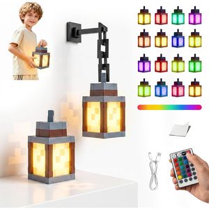 Pixelated Lantern <b>Night</b> <b>Light</b> 2-Pack RGB Color Changing Rechargeable Wall Mount With Remote Control For Kids Room Decor - Product Image 1