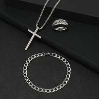 Ensemble de bijoux 3 pièces tendance Hip Hop : Collier pendentif croix, bracelet et bague pour stockage en magasin d'accessoires