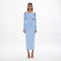 Robe crayon midi chic et élégante pour femme, bleu poudré, à épaules dénudées, côtelée, à manches longues, style Bardot, personnalisée, idéale pour le bureau et les rendez-vous.