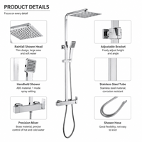 Ensemble de douche carré effet pluie chromé, système de douche de salle de bain avec mitigeur en laiton et douchette à main sur barre coulissante
