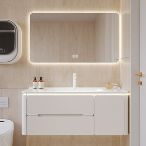 Modern Cream White Floating Bathroom <b>Vanity</b> Solid Wood Cabinet with Smart LED <b>Mirror</b> Integrated Sink - Product Image 3