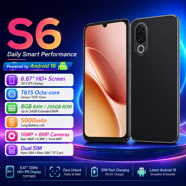 Fossibot S6 Smartphone 8GB 256GB Android16 Unlocked Mobile Phone 120Hz Display 5000mAh 16MP Camera Octa Core Dual SIM Cell Phone