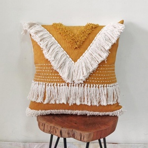Bohemian Square Cushion <b>Cover</b> With White Fringe And Geometric Embroidery <b>Mustard</b> Yellow Handmade Decorative <b>Pillow</b> - Product Image 1