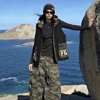 6940/FANMAJIALIE Nouveau design Gilet à capuche noir style grunge avec patch Teddy et imprimé lettres 'Hope' Haut décontracté pour le quotidien et la mode urbaine