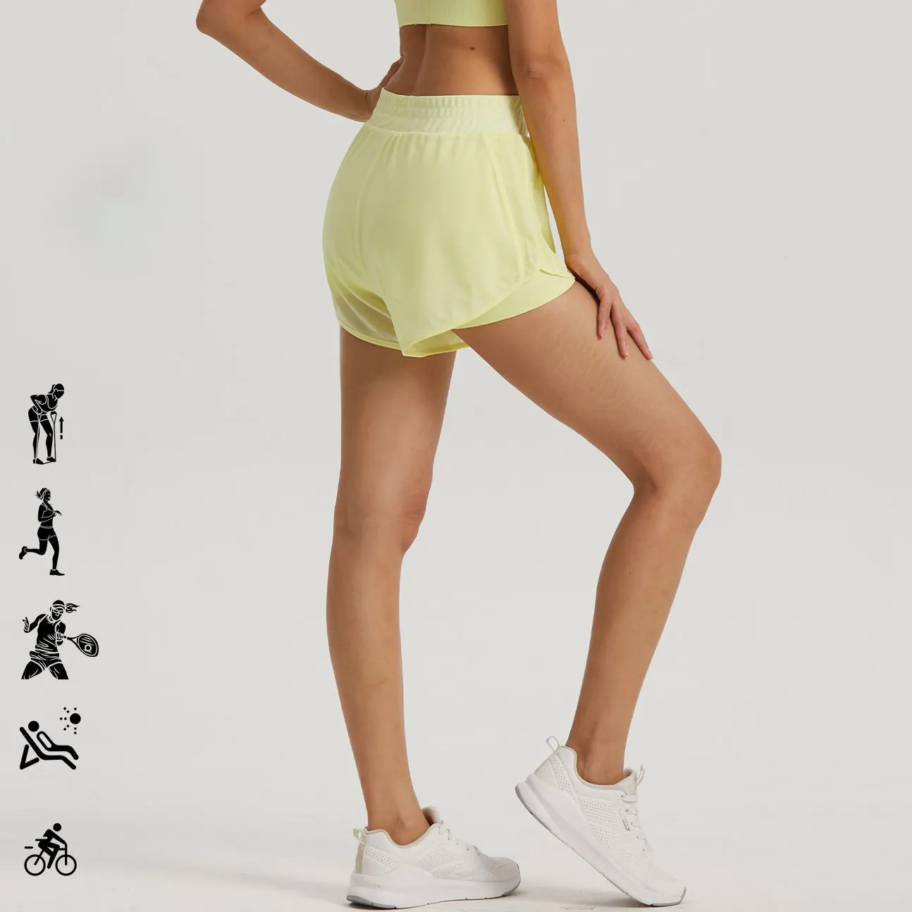 YIYI กางเกงขาสั้นวิ่งของผู้หญิง,กางเกงกีฬาขาสั้นแห้งเร็วสบายๆมีกระเป๋าด้านข้างสำหรับใส่วิ่งลายเปลือยกายแบบ2 In 1