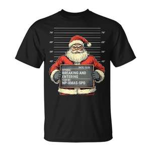T-shirt de Noël Père Noël Mugshot noir pour homme, chemise amusante de Noël à manches courtes, col rond, impression numérique - Product Image 1