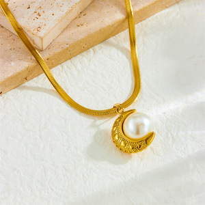 Elegant Moon Pearl Pendant Gold Plated Blade Chain Necklace For Women Everyday Wear - Product Image 2