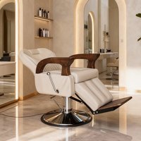 Nouveau fauteuil de barbier inclinable en cuir blanc moderne avec accoudoirs en bois, grande pompe hydraulique, mobilier de salon
