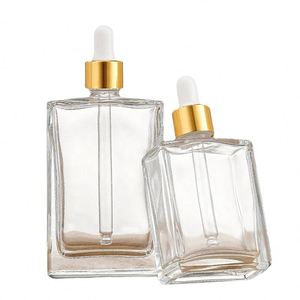 30ml 50ml 100ml Rectangle Clear Glass Serum <b>Dropper</b> <b>Bottles</b> Skin Care Essential Oil Gold Sliver Bamboo Cap Screen Printed Custom - Product Image 1