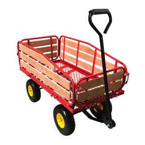 Carretilla de Jardín con Plataforma de Acero y Madera para Exteriores, Carro Utilitario con Rieles de Madera de Cuatro Ruedas para Niños, OEM - Product Image 1