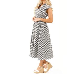 Nouvelle robe d'été pour femme avec logo personnalisé, col en V, sans manches, taille smockée, fermeture éclair, robe midi à carreaux - Product Image 3