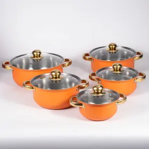 Foreign Trade Hot Five-piece Set Of Pot Kitchen Stainless Steel Cookware Orange Cast Iron Pots Gold Handle