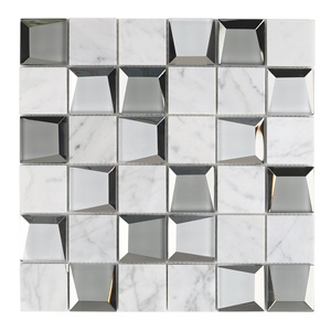 Mosaico de Piedra Natural de Mármol Carrara <span class=keywords><strong>Blanco</strong></span> Mixto con Espejo Biselado Cuadrado 3D para Baño y Cocina - Product Image 3