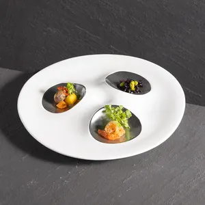 Restaurant Suppliers Triangle White And Black Porcelain Dinnerware Porcelain Plate Set Three Grid Sushi Molecular Cuisine Dishes